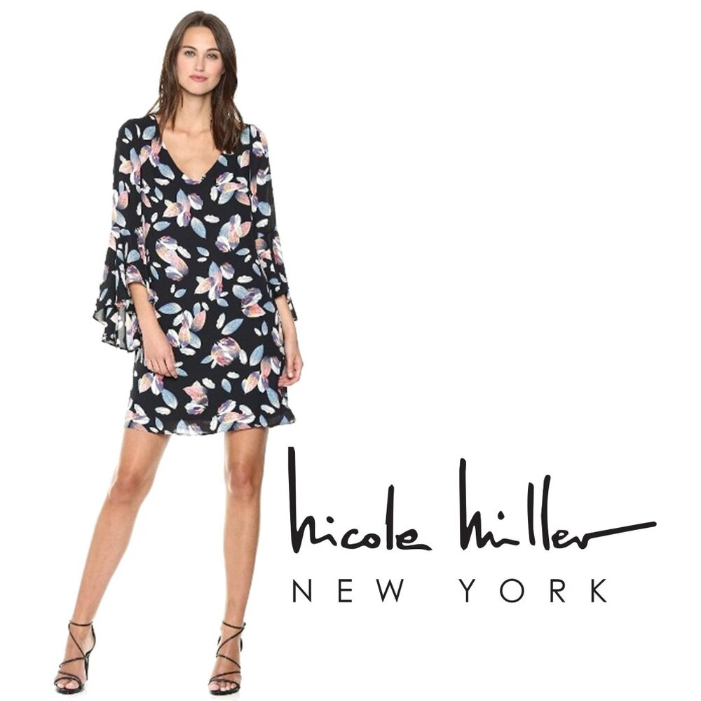NICOLE MILLER NEW YORK 🍃 V-Neck Flutter Bell Sleeve Chiffon Dress 🍃 NEW W/TAG